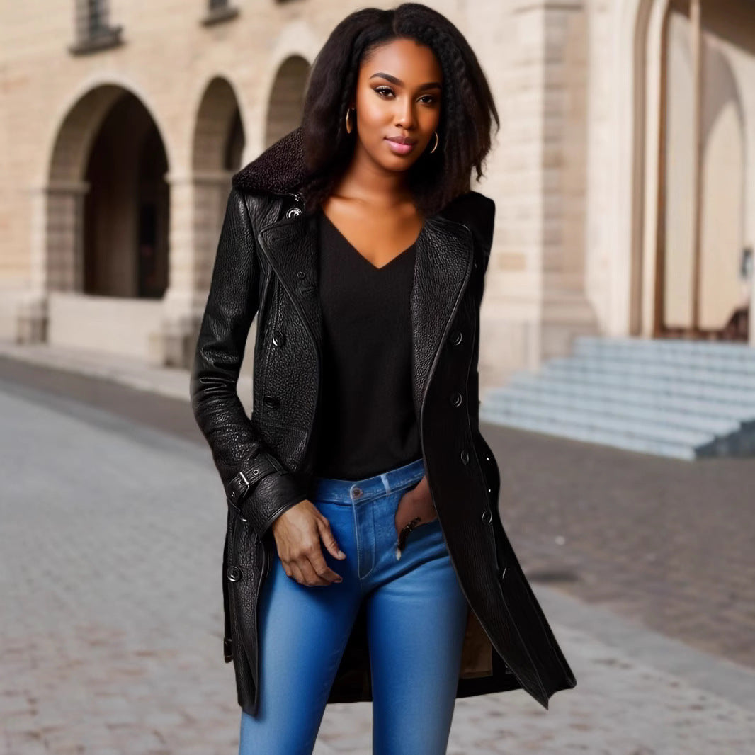 Women's British Fur Collar Leather Mid-length Motorcycle Jackets