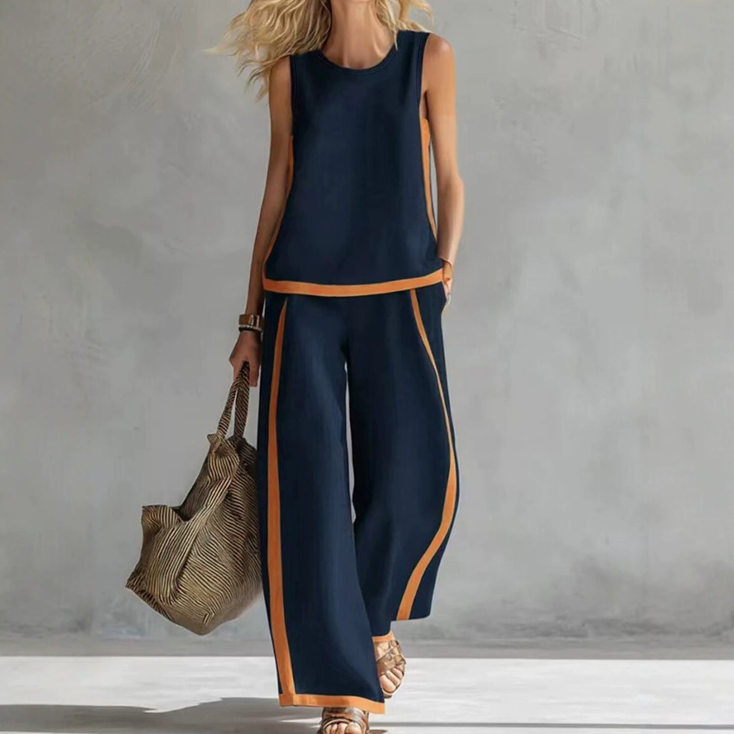 Women's Sleeveless Contrast Color Summer Two-piece Trendy Fashion Casual Suit