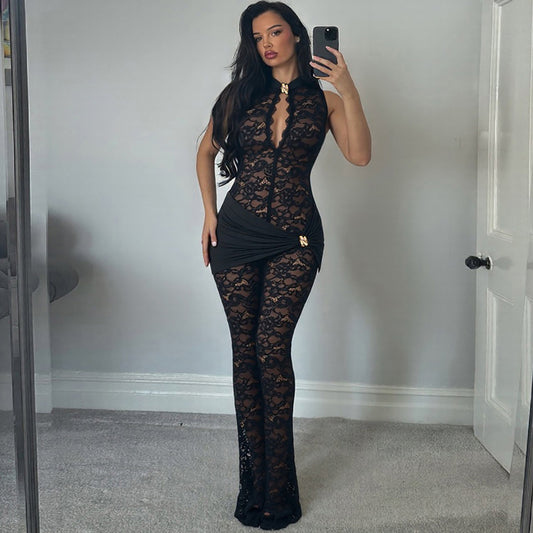 Women's Lace Stitching Sleeveless Sexy High Waist Jumpsuits