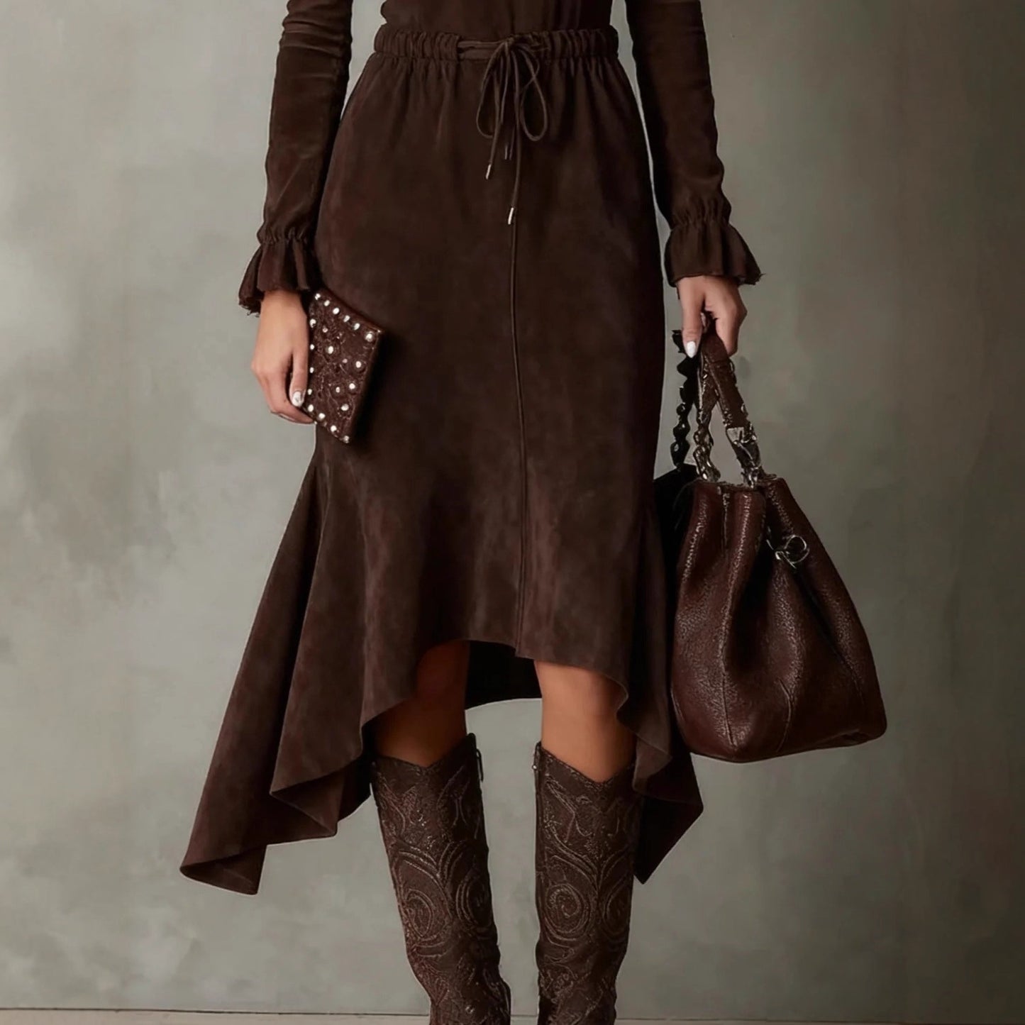 Women's Long Sleeve Tied Elastic Waist Solid Dresses