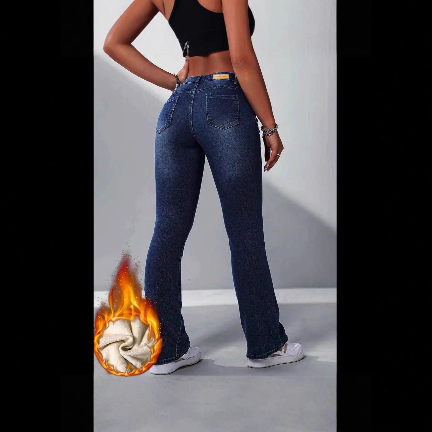 Women's Retro Fleece-lined Blue Denim Stretch Horn Jeans