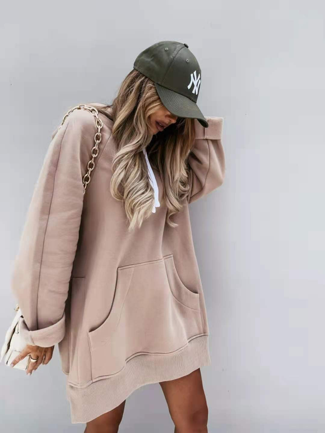 Women's Solid Color Casual Hooded Mouse Bag Rope Brushed Women's Sweater, Sweater