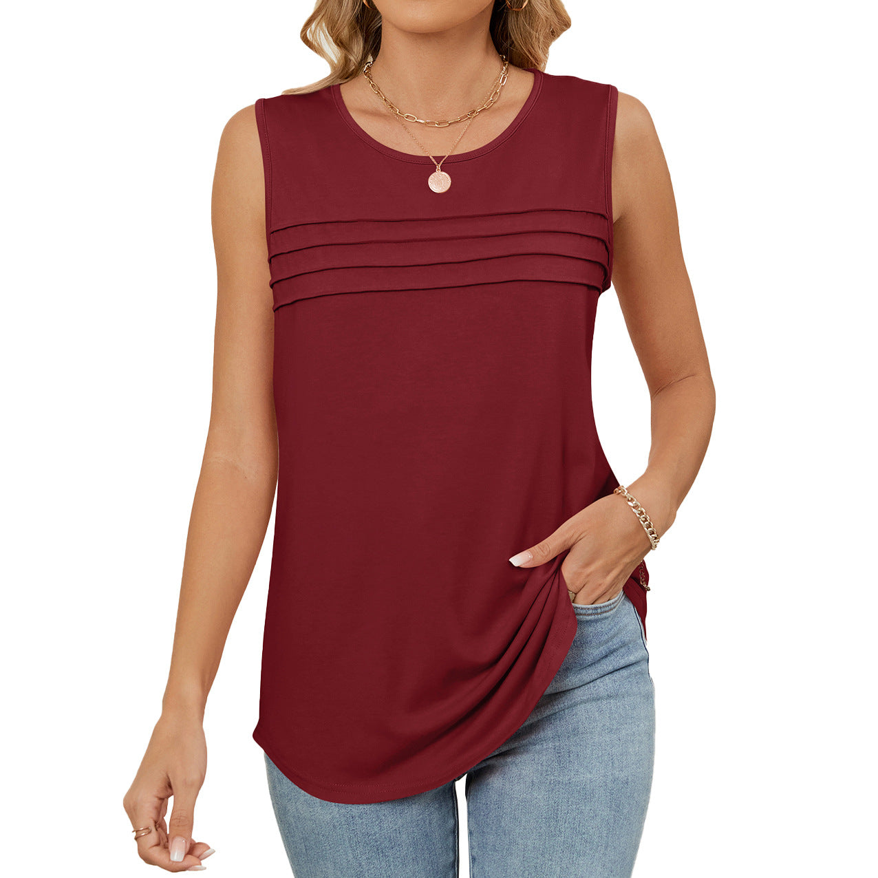 Women's Solid Color Round Neck Loose Sleeveless Women's T-shirt