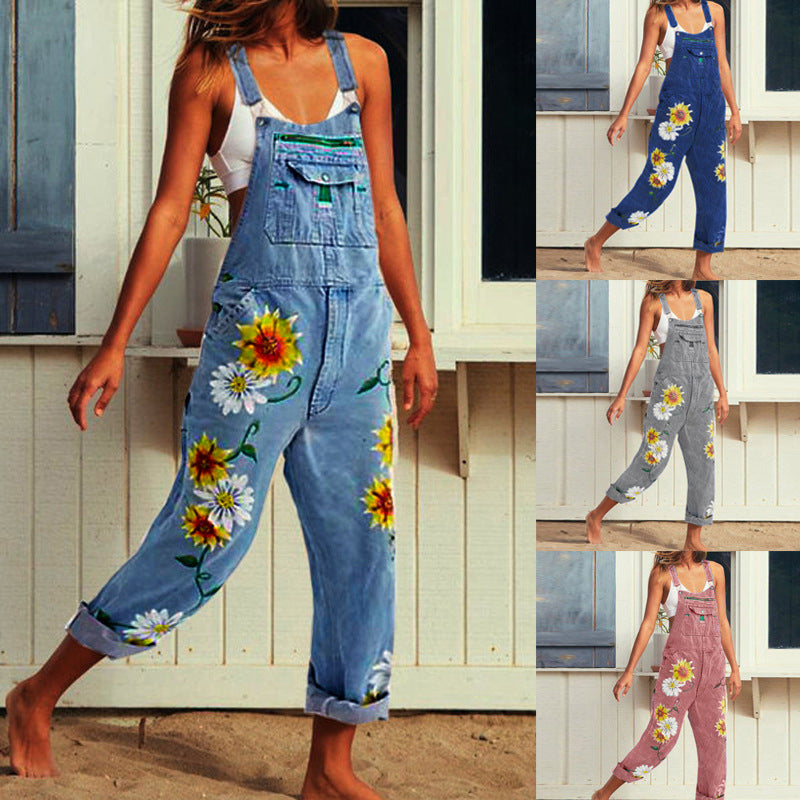 Women's Slouchy Printed Suspenders Denim Suspender Jeans