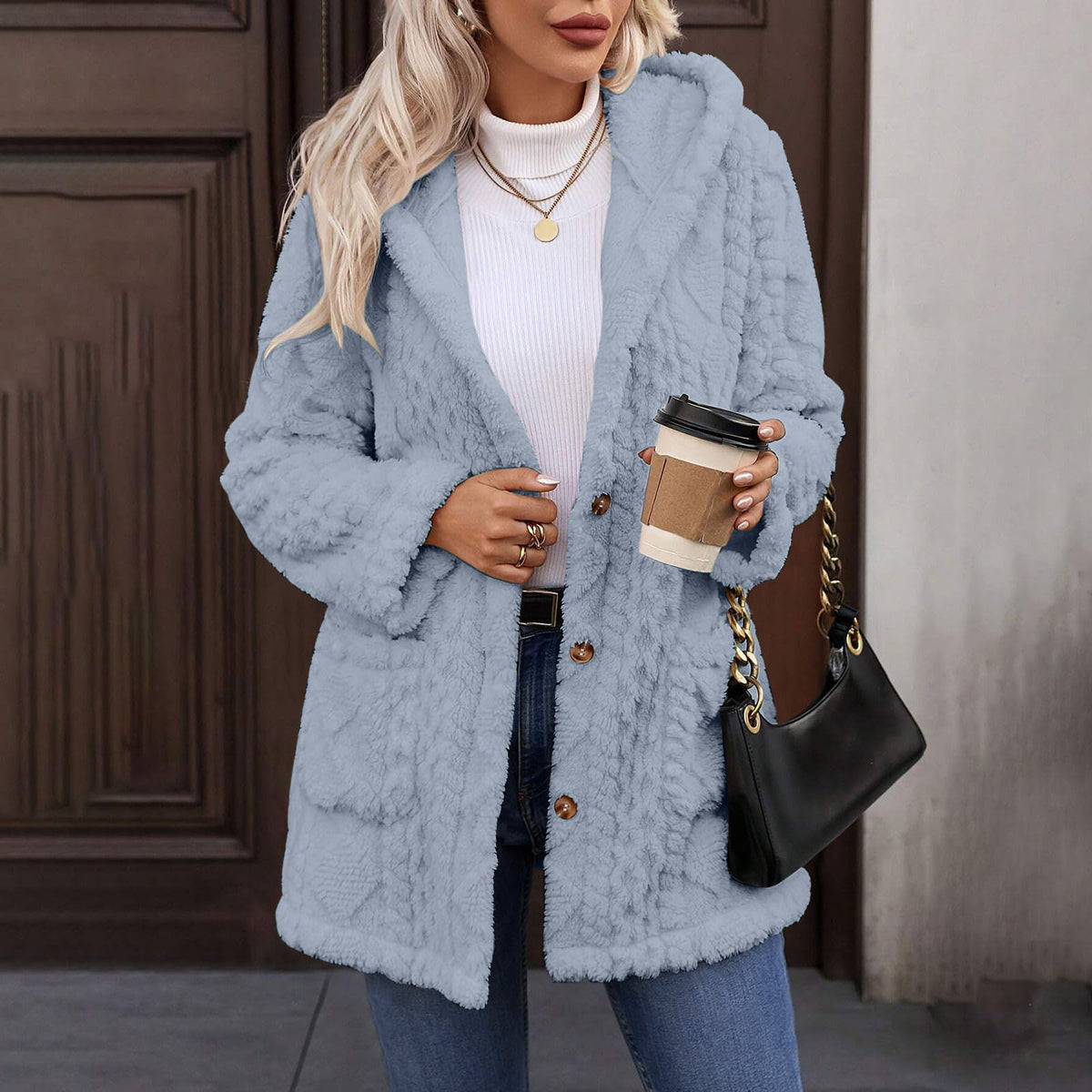 Hooded Solid Color Button Long Sleeve Women's Sweater, Sweater