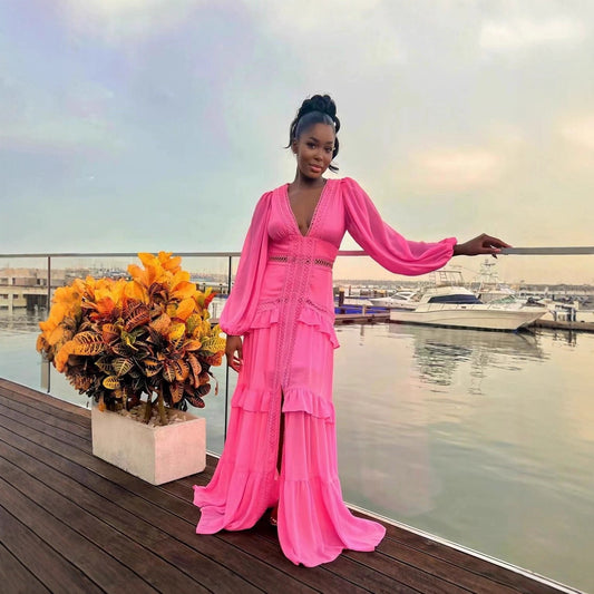 Women's Elegant Stitching Long Sleeve Dress Chiffon Dresses