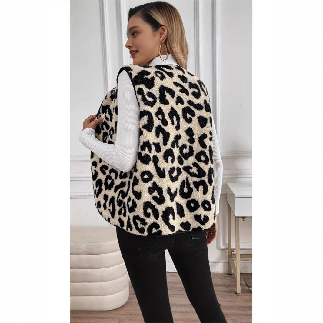 Leopard Print Front Button Plush Fashion Women's Vest