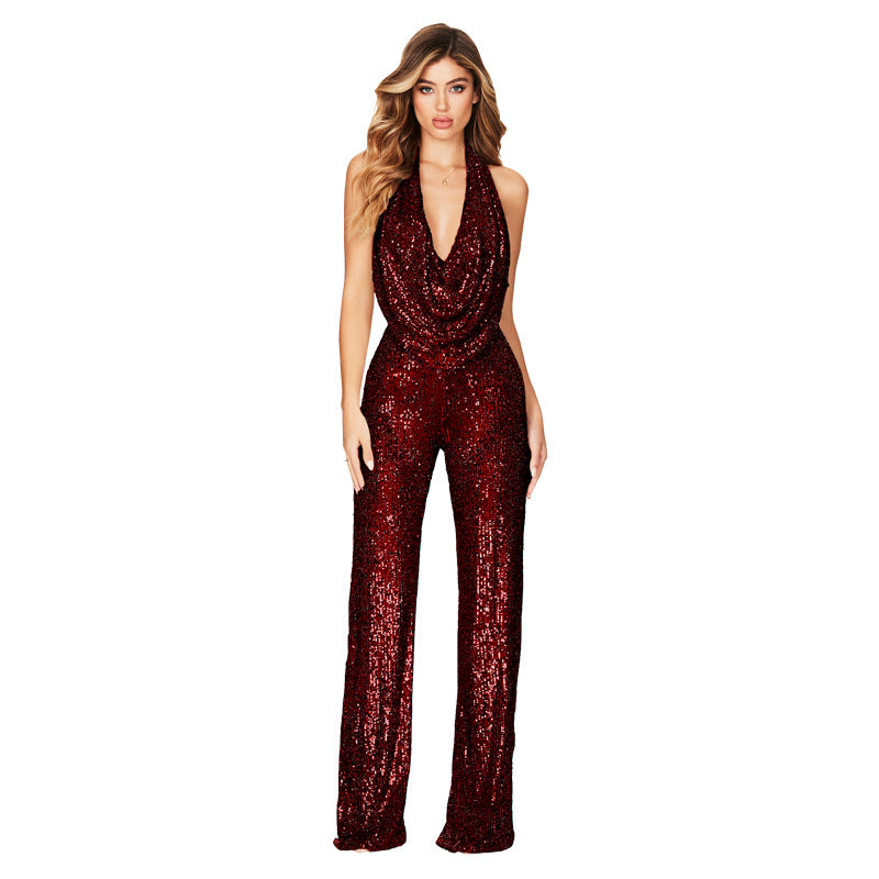 Women's Casual Summer Sleeveless Halter Sequined Jumpsuits