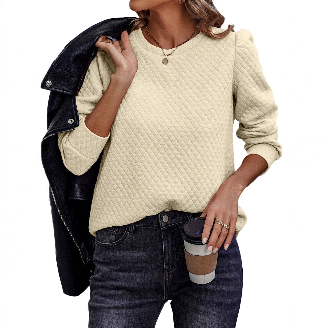 Women's Plaid Puff Sleeve Comfort Casual Women's Sweater, Sweater
