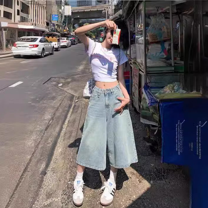 Women's Washed Distressed Cropped High Waist Loose Wide Leg For Women's Jeans