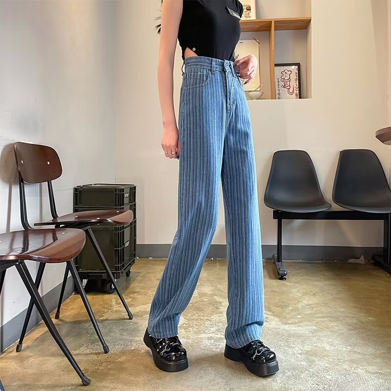 Women's Waist Slimming Wide Leg Woven Denim Striped Straight Casual Pants