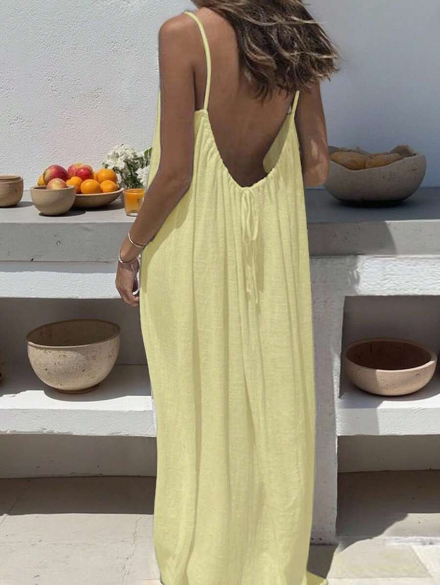 Women's Silk Wrinkle Solid Color Pleating Backless Strap Beach Dress