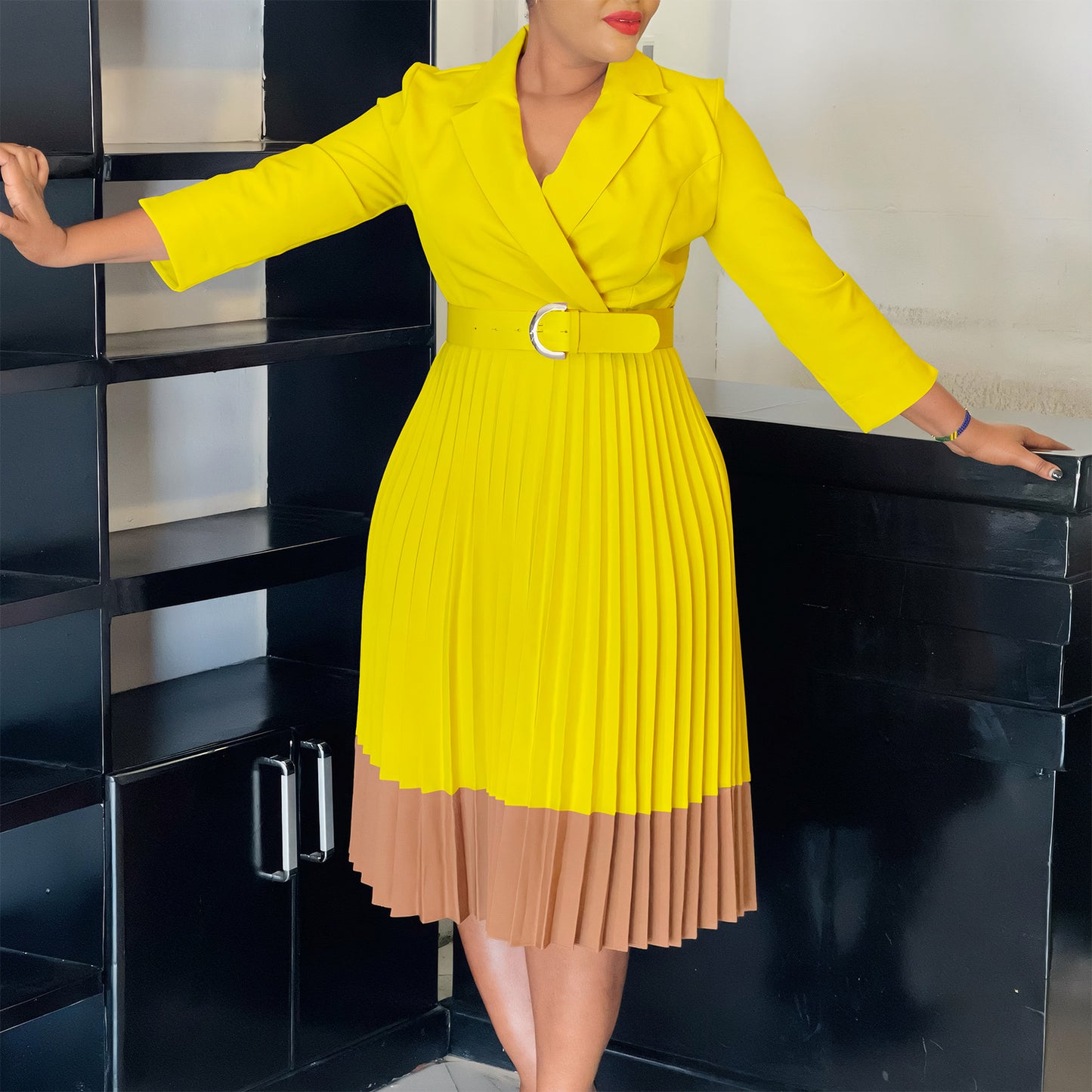 Women's Spring Collar Fashion Elegant Pleated High Dress