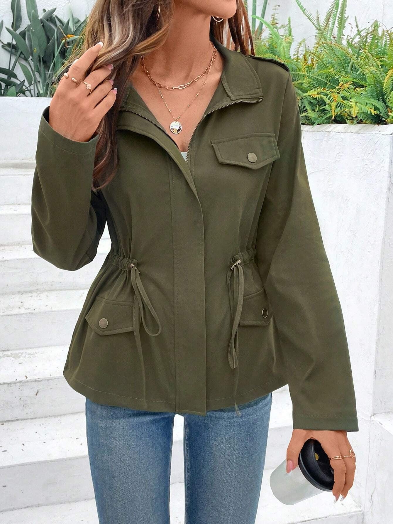 Women's Solid Color Long Sleeve Casual Drawstring Coats