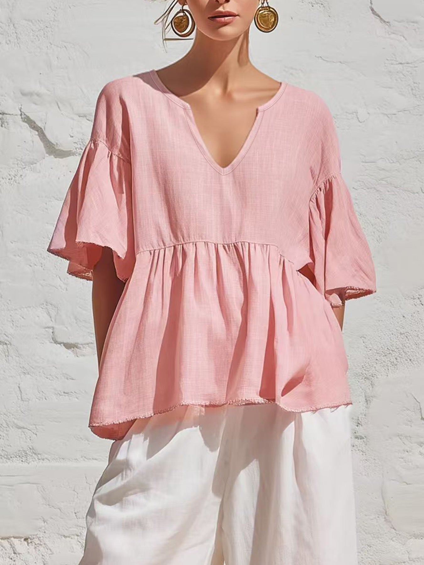 Lazy Ruffled Half Sleeve Cotton Linen Summer Women's T-shirt