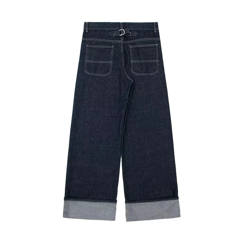 Women's Autumn Curling Sleeves Denim Hemmed Trousers Suits