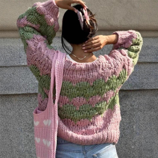 Women's Casual Jacquard Knitted Contrast Color Ladies Sweaters
