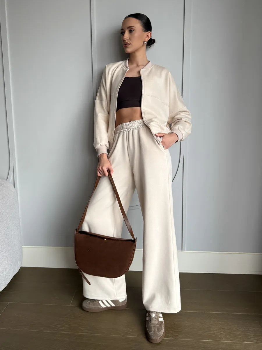 Women's Casual Solid Color Zipper Elastic Two-piece Suits