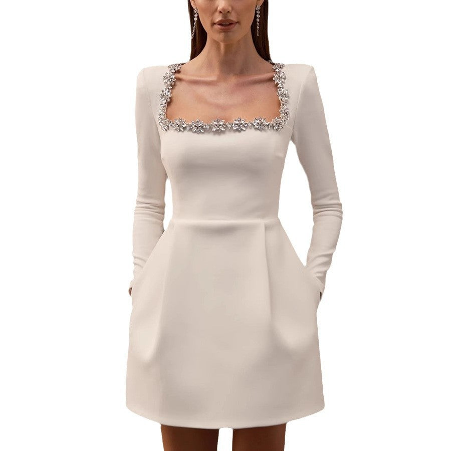 Women's Square Collar Diamond Inlaid Veet Long Dresses