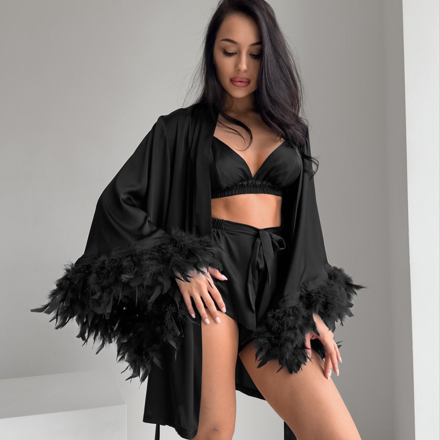 Women's Satin High-grade Stitching Feather Underwear Nightgown Suits