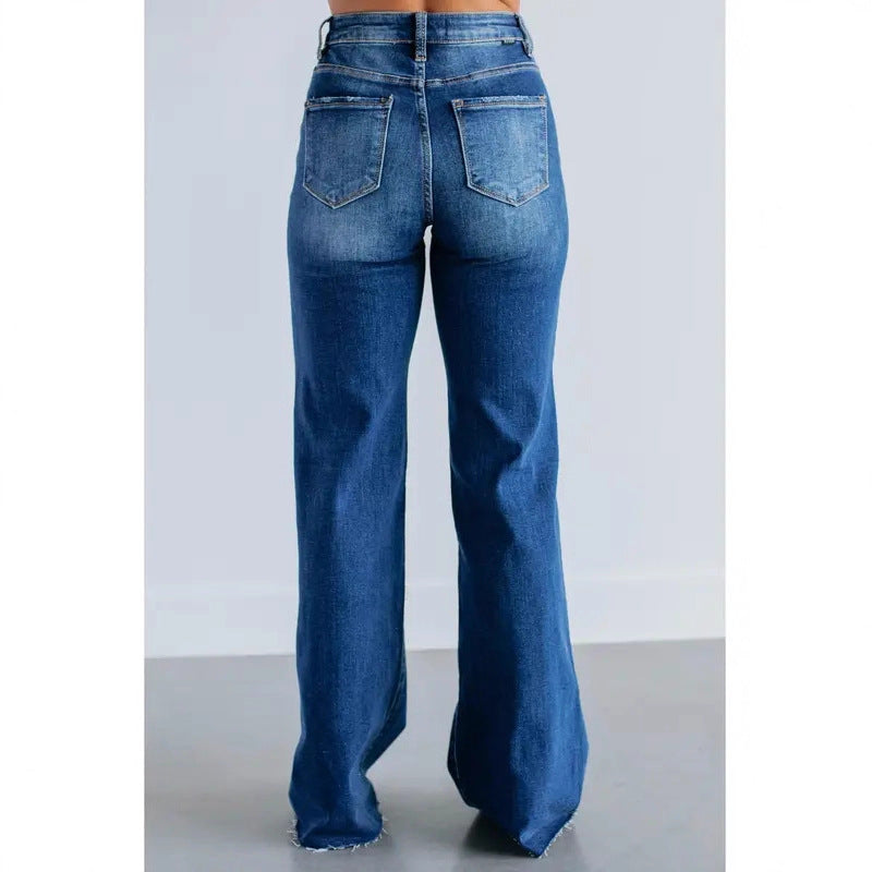 Women's Waist Casual Slimming Holes Wide Leg Women's Jeans