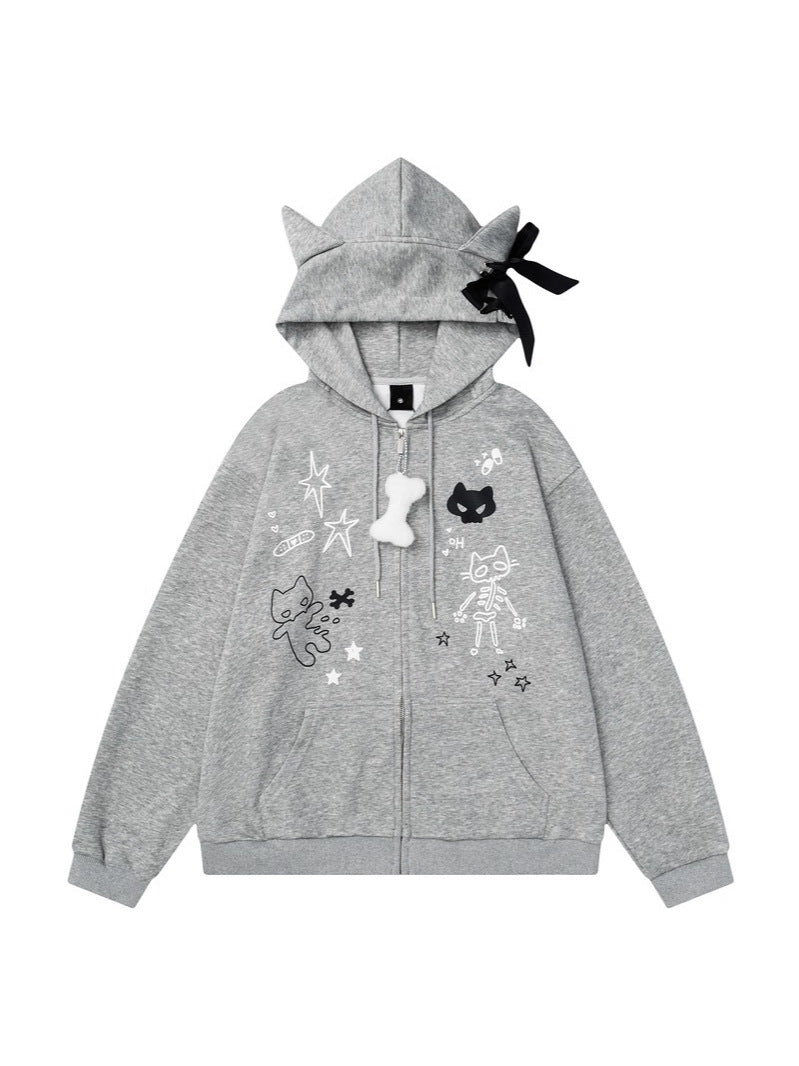 Style Cute Cat Gray Hooded Long Sleeve Sweaters