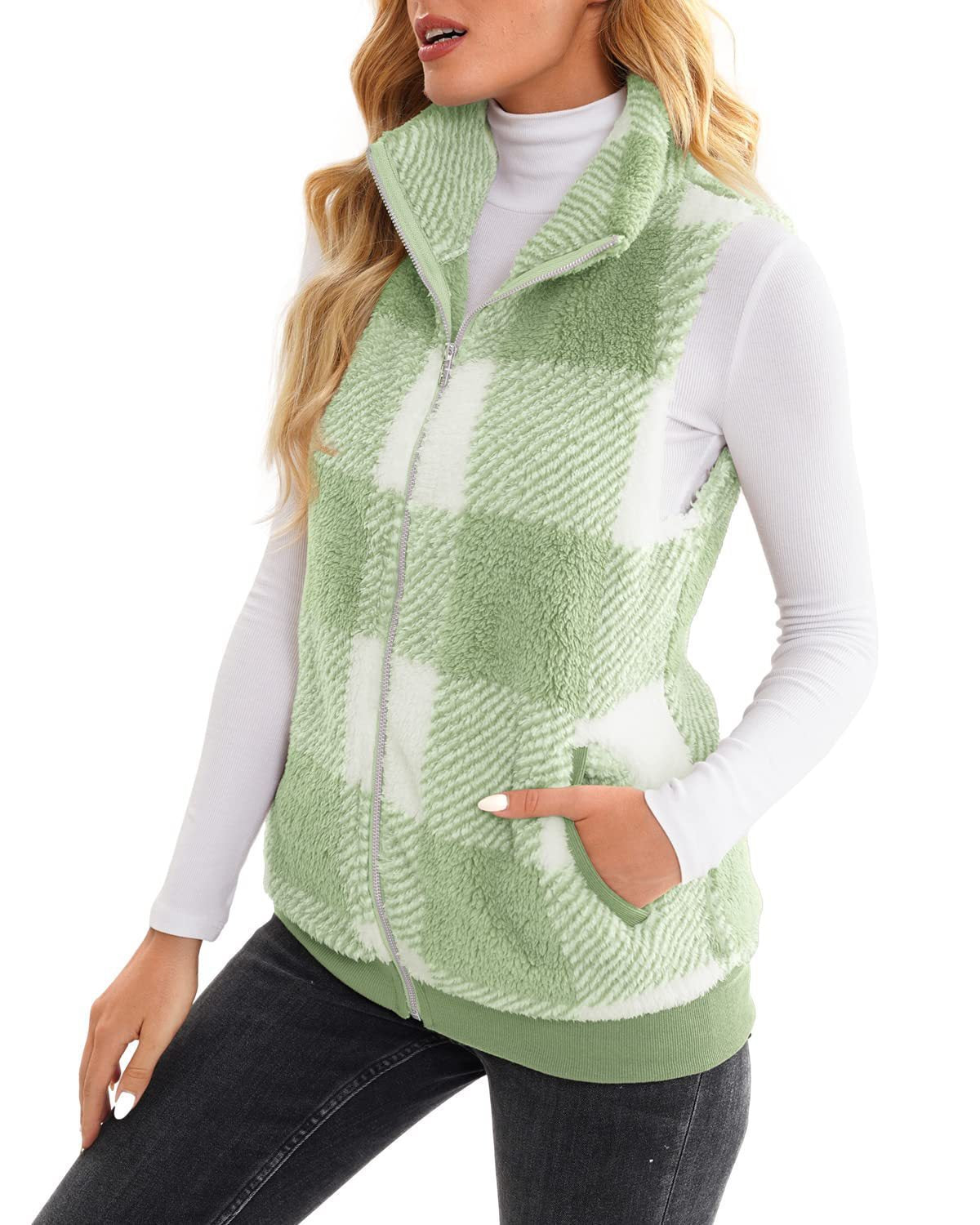 Women's Waistcoat Comfortable Veet Plaid Stand Collar Zipper Women's Vest