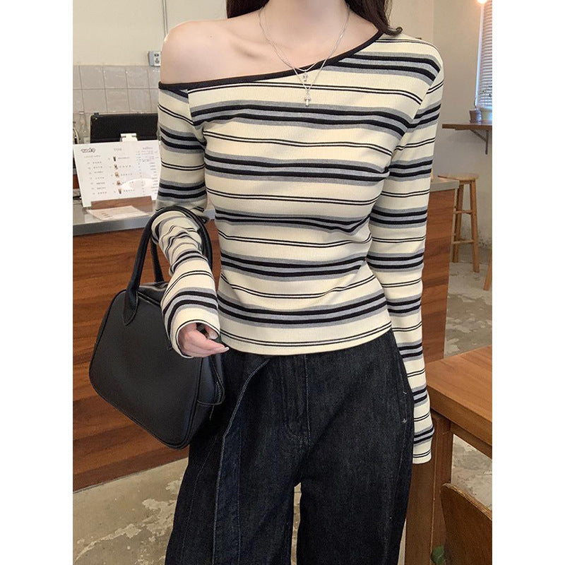 Women's Korean Style Beige Stripes Long Sleeve Shirt Sloping Exposed Shoulder Women's T-shirt