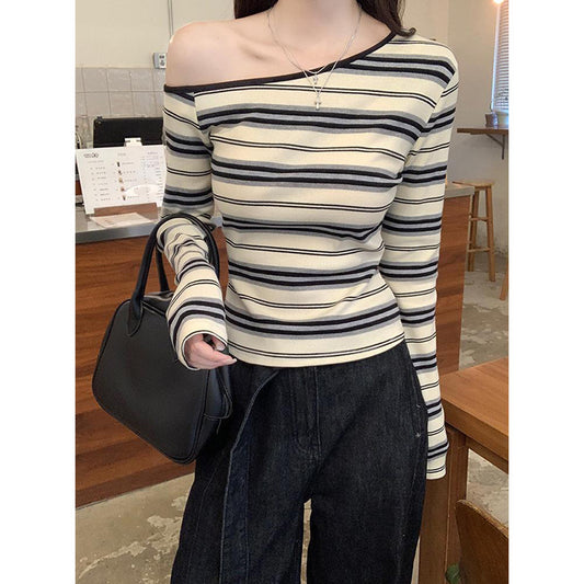 Women's Korean Style Beige Stripes Long Sleeve Shirt Sloping Exposed Shoulder Women's T-shirt