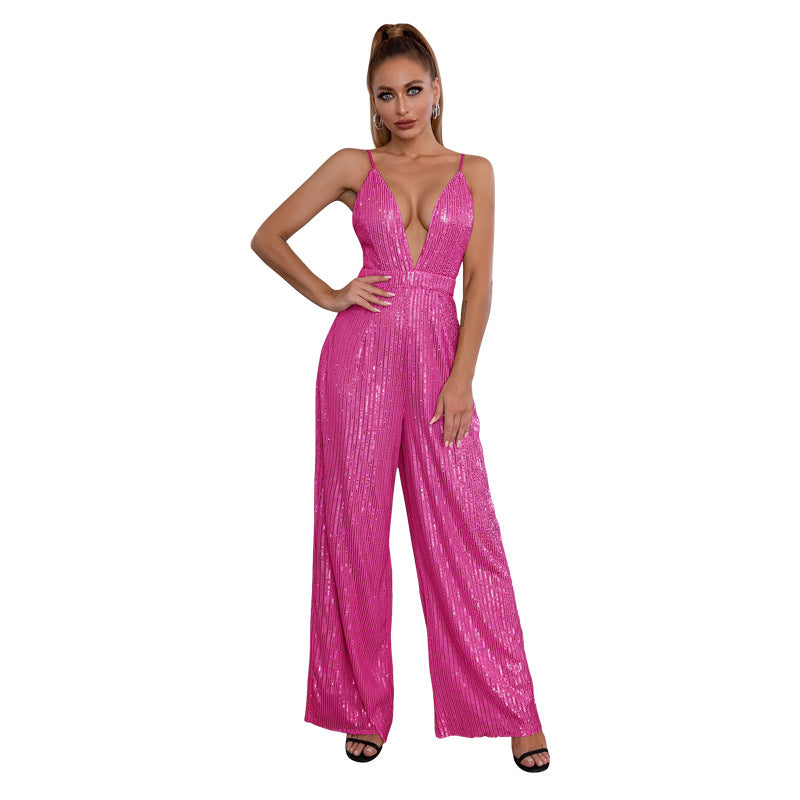 Women's Sequined Sleeveless Hot Deep Backless Sling Jumpsuits