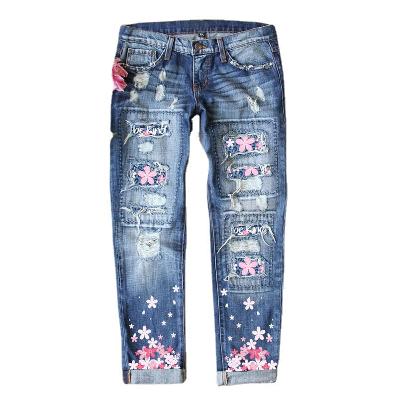 Women's Couple Print Water Washed Hole Loose Jeans