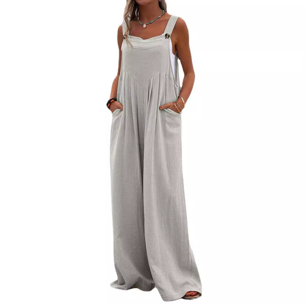Women's Style Fashion Button Solid Color Wide Jumpsuits
