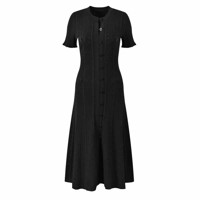 Short-sleeved Knitted Dress With Hollow Thread Single-breasted Dresses