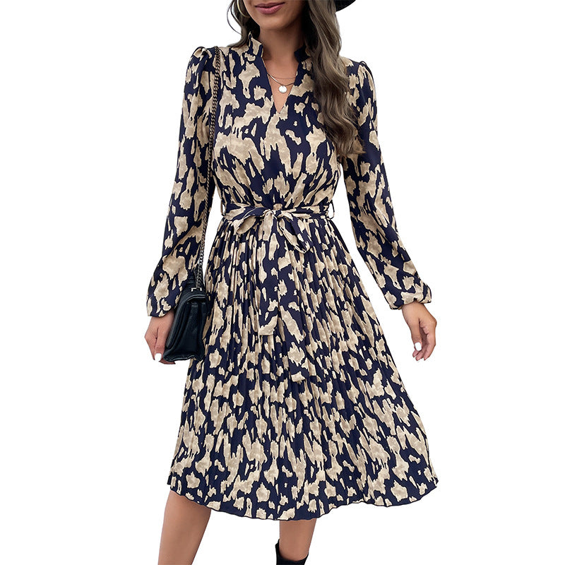 Women's Autumn Pleated Print Long-sleeved Dress Dresses