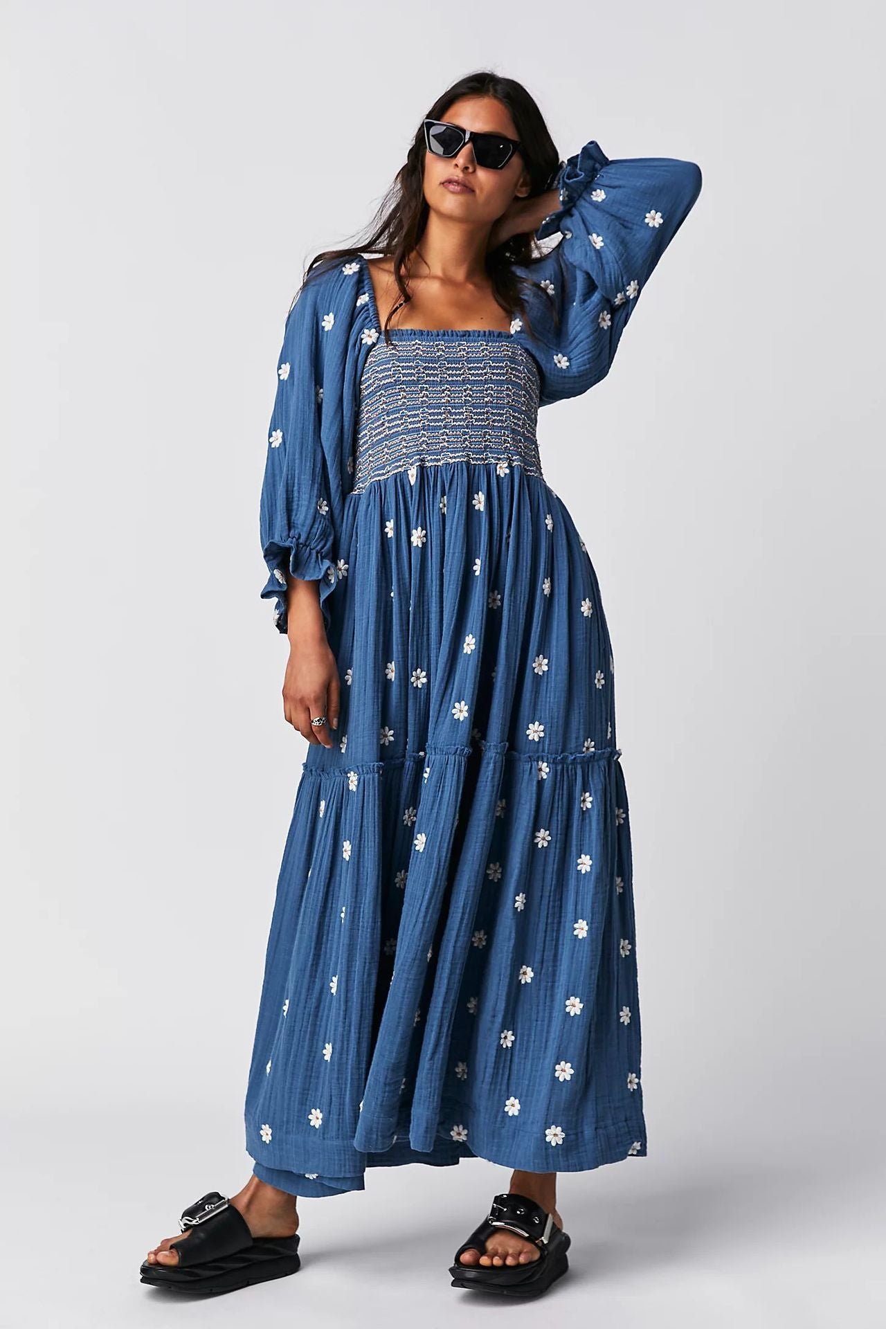 Autumn Casual Bell Sleeve Smocking Embroidered Square Dresses