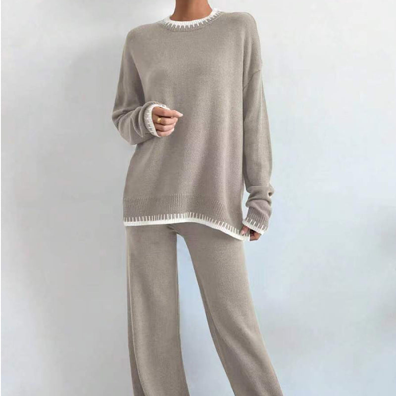 Women's Casual Contrast Color Knitted Trousers Two-piece Suits