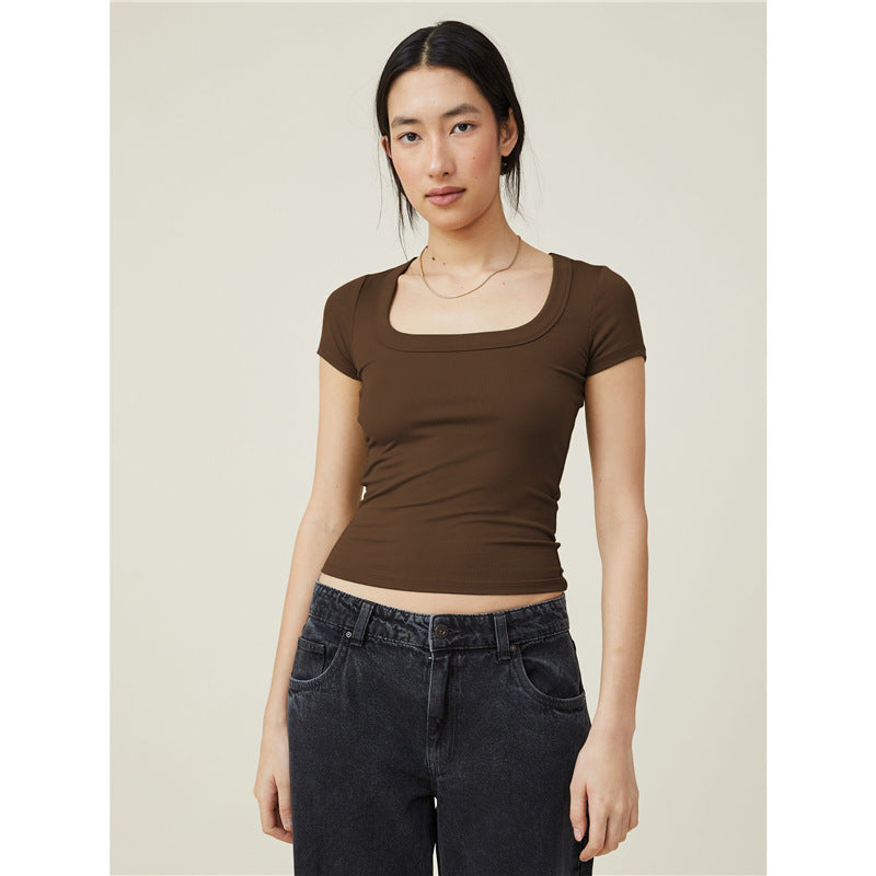 Women's Summer Cropped Slim Fit Square Collar Short-sleeved Thread Vests