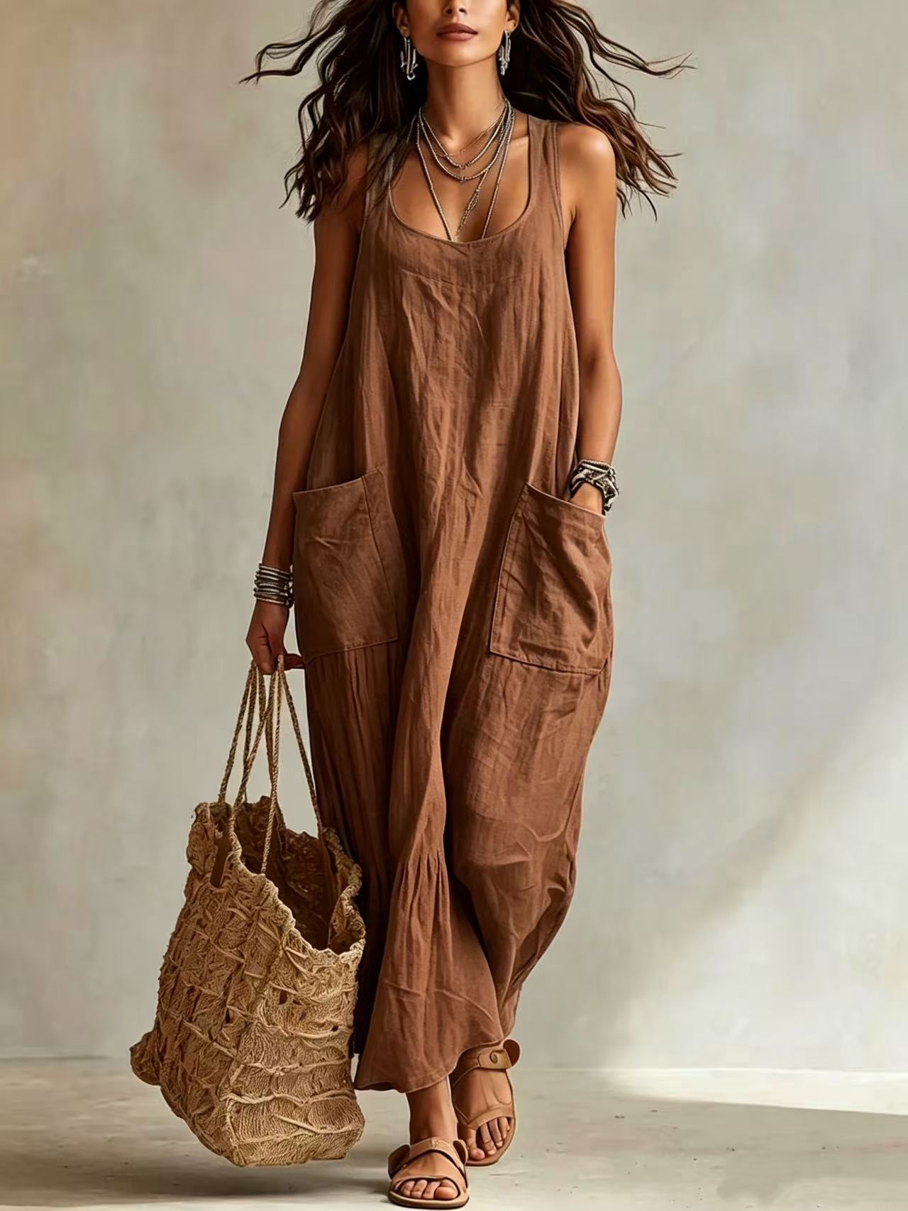 Summer Cotton Linen Temperament Leisure Pocket Dress