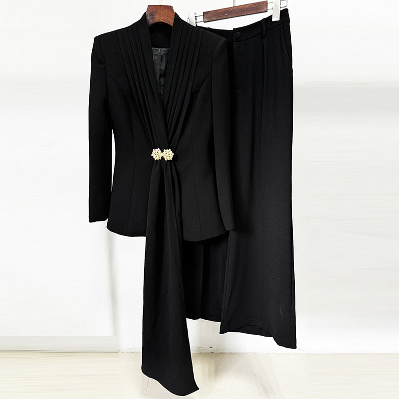 Trendy Fashion Pleated Collar Trousers Two-piece Suits