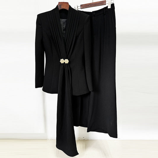 Trendy Fashion Pleated Collar Trousers Two-piece Suits
