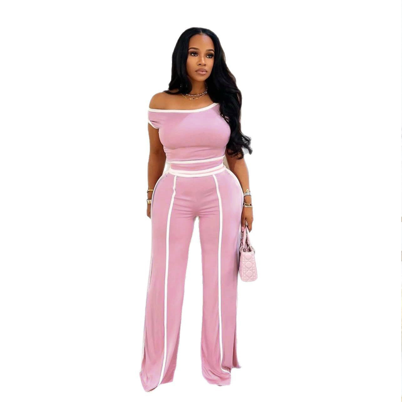 Color Slant Shoulder Wide Leg Two-piece Suits