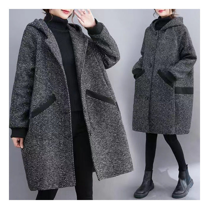 Women's Sister Winter Korean Style Loose Cocoon Hooded Mid-length Veet Padded Clothing