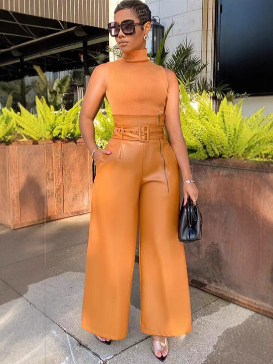 Women's Fashion High Waist Flared Leather Style Pants