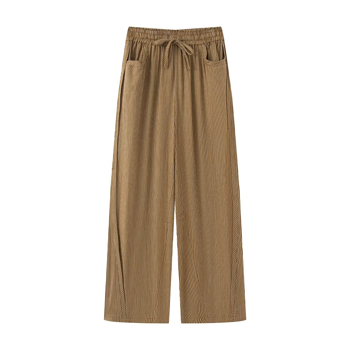 Women's Autumn Elastic Waistband Vertical Stripes Casual Pants