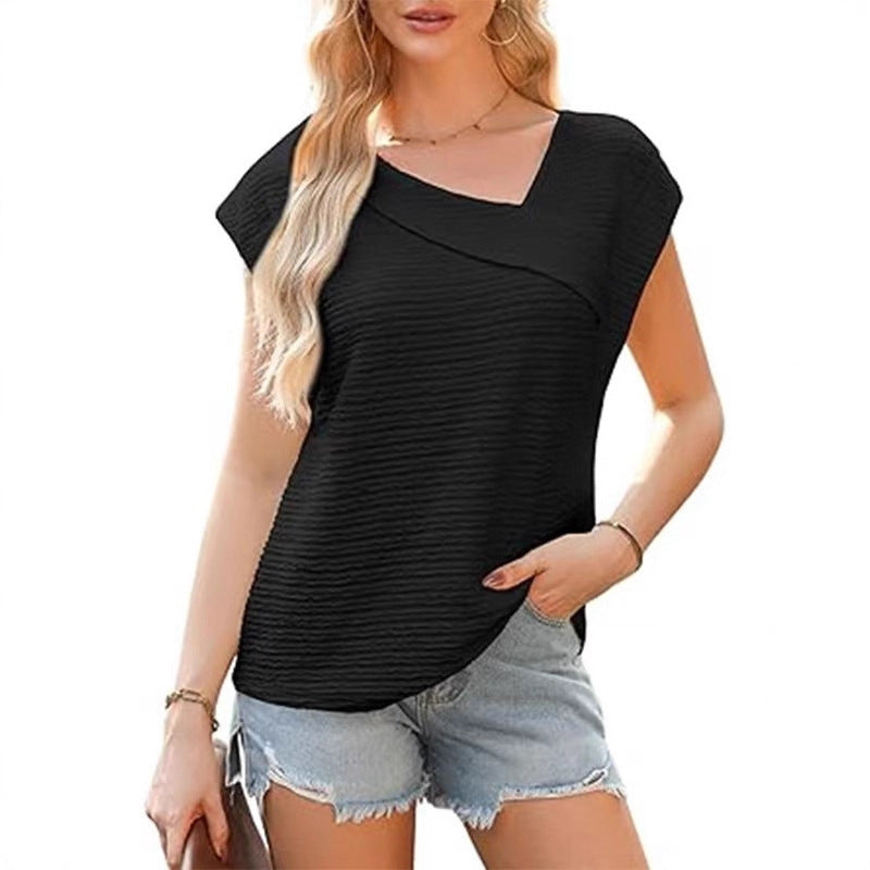 Women's Summer Diagonal Collar Fashion Casual Sleeve Women's T-shirt