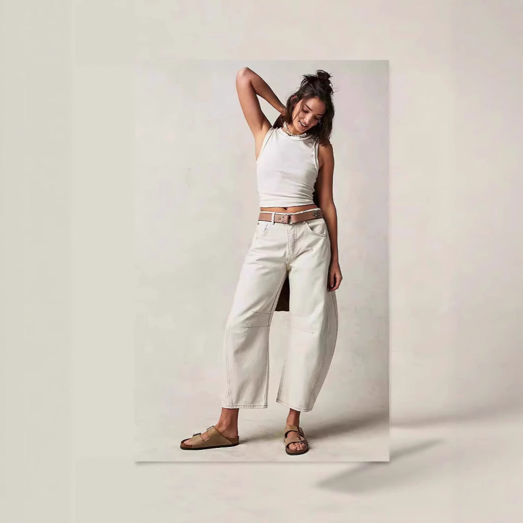 Women's Casual Loose Waist Washed Denim Trousers American Women's Jeans