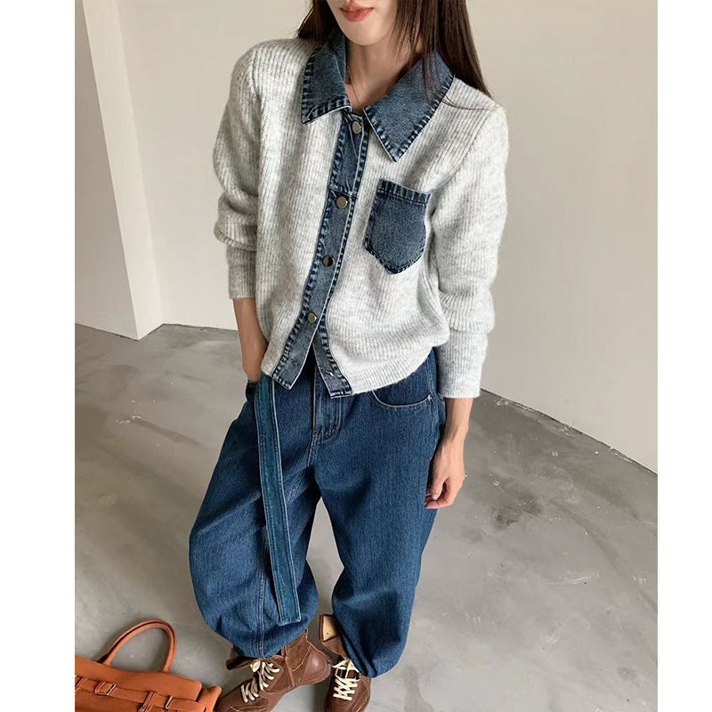Women's Niche Retro Lapels Double Pocket Color Contrast Knitwear