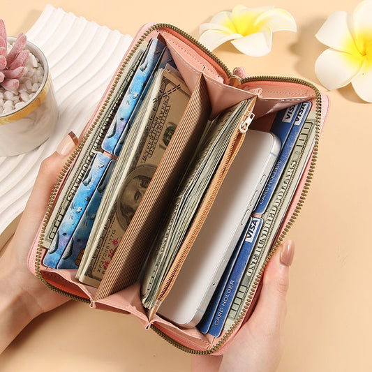 Women's Long Macaron Zipper Lychee Pattern Ladies Wallets