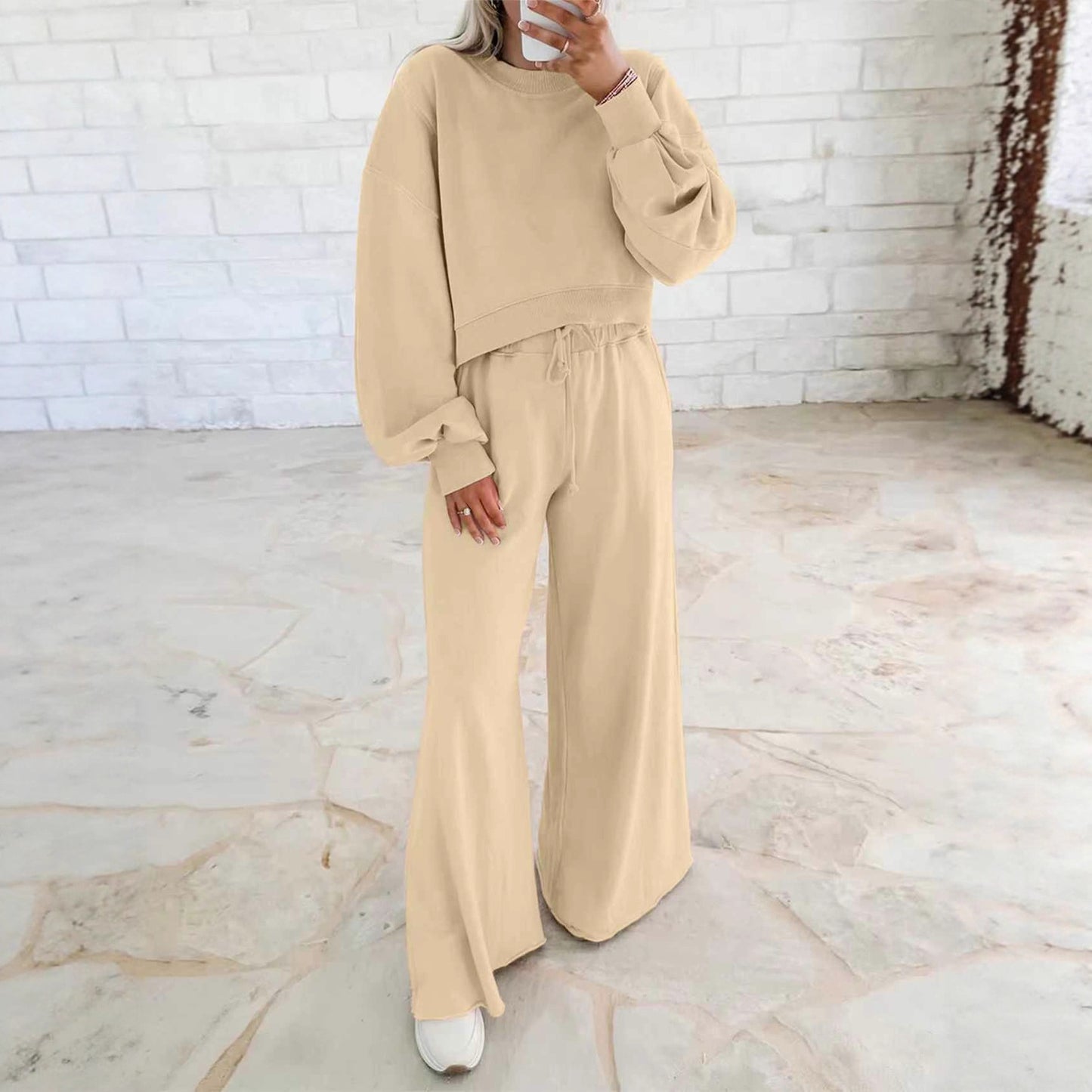 Women's Drop Shoulder Puff Sleeve Pullover Drawstring Wide Pants