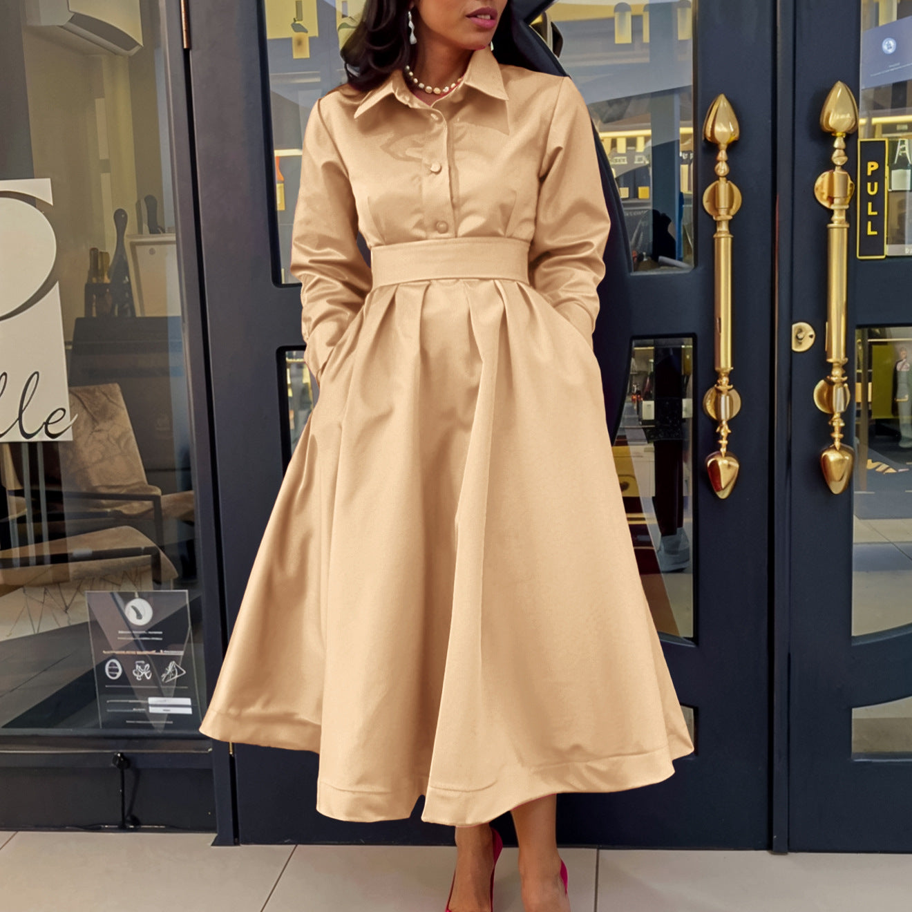 Women's Swing Solid Color Lapel Long Sleeve A- Line Dresses